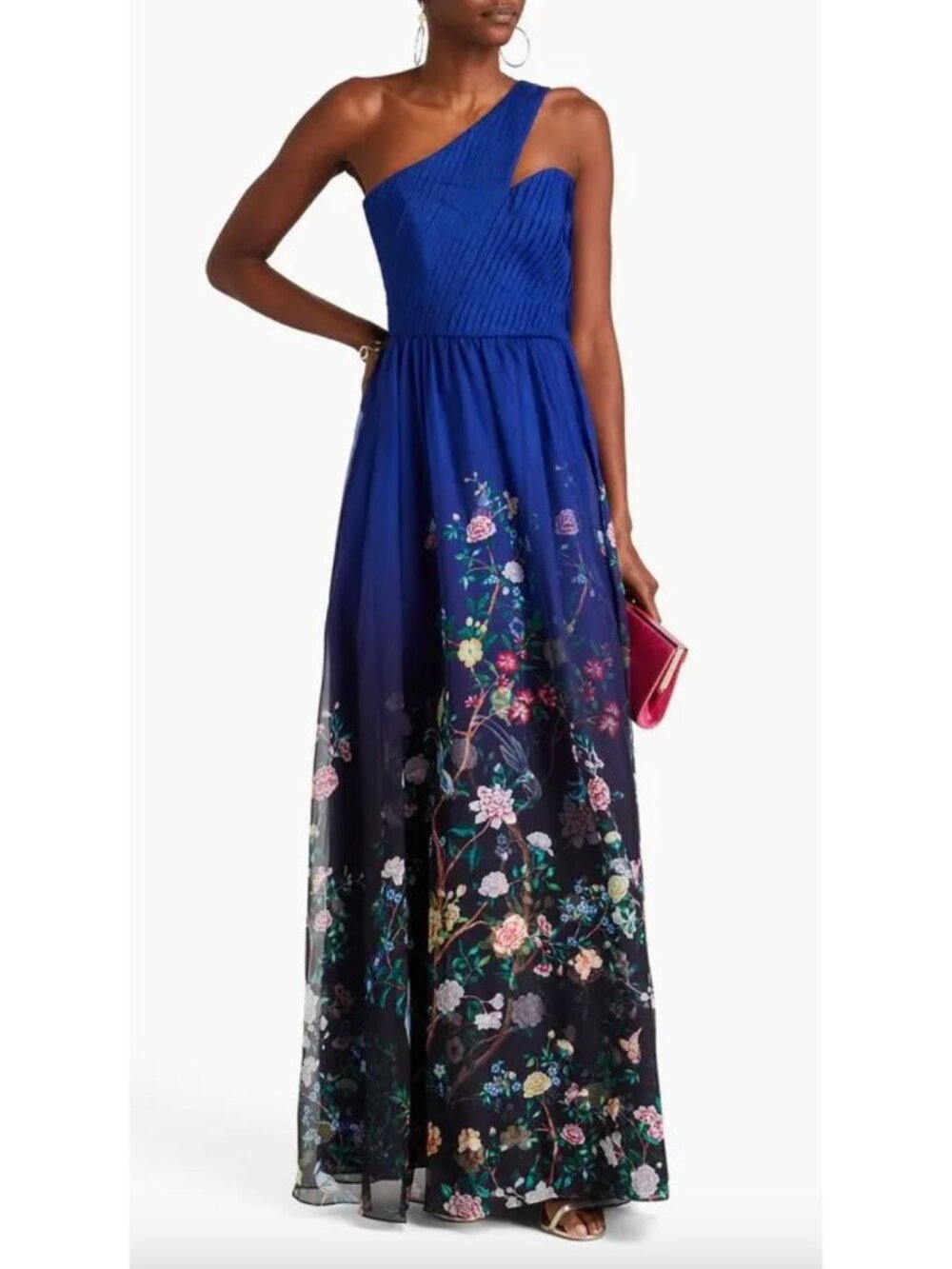 Marchesa Notte One-Shoulder Floral Print Chiffon Gown Size 8  Maxi Dress